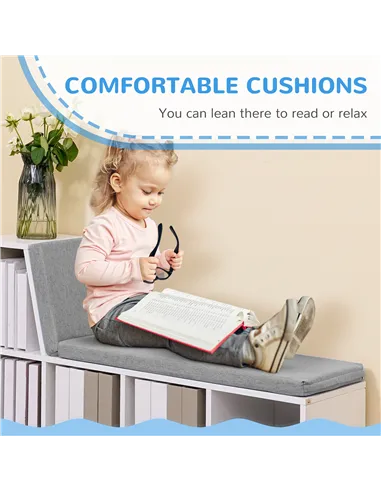 HOMCOM Bookcase Storage Shelf with Cushioned Reading Seat, Bookshelf Storage Cabinet for Study Living Room, White