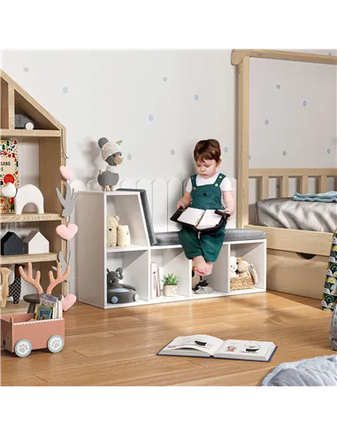 HOMCOM Bookcase Storage Shelf with Cushioned Reading Seat, Bookshelf Storage Cabinet for Study Living Room, White