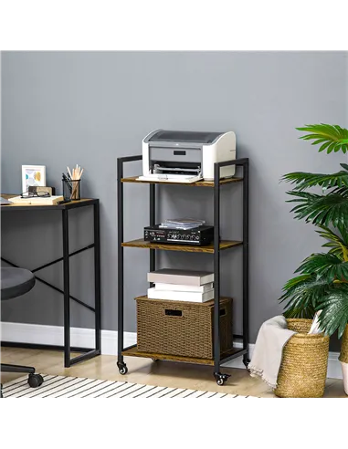 HOMCOM 3-Tier Printer Stand, Utility Cart, Rolling Trolley with Adjustable Shelves with Lockable Wheels for Home Office, Rustic 