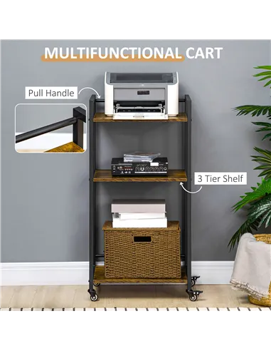 HOMCOM 3-Tier Printer Stand, Utility Cart, Rolling Trolley with Adjustable Shelves with Lockable Wheels for Home Office, Rustic 