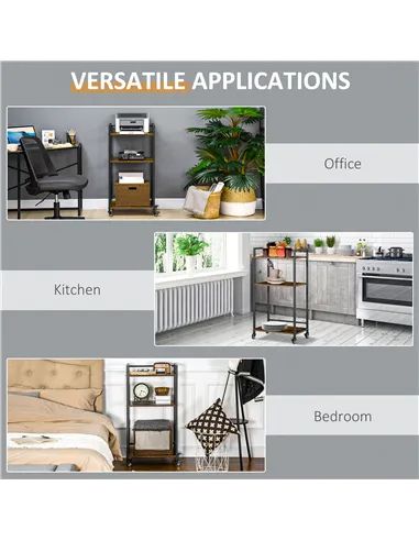 HOMCOM 3-Tier Printer Stand, Utility Cart, Rolling Trolley with Adjustable Shelves with Lockable Wheels for Home Office, Rustic 