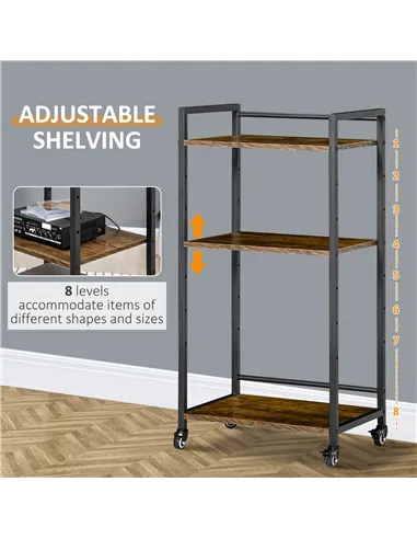 HOMCOM 3-Tier Printer Stand, Utility Cart, Rolling Trolley with Adjustable Shelves with Lockable Wheels for Home Office, Rustic 
