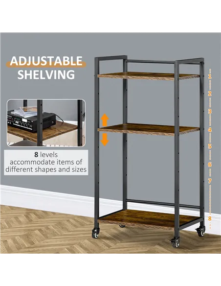 HOMCOM 3-Tier Printer Stand, Utility Cart, Rolling Trolley with Adjustable Shelves with Lockable Wheels for Home Office, Rustic 