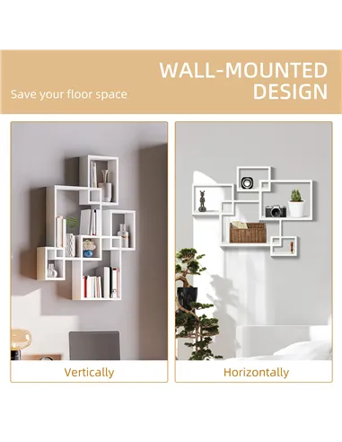 HOMCOM Floating Shelves, Wall Mounted Interlocking Cube Shelves, Display Wall Shelf for Living Room, Bedroom, Hallways, White