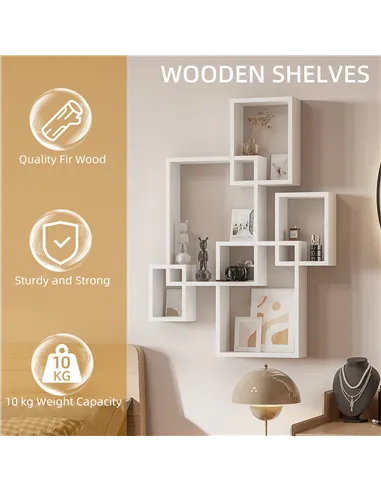 HOMCOM Floating Shelves, Wall Mounted Interlocking Cube Shelves, Display Wall Shelf for Living Room, Bedroom, Hallways, White