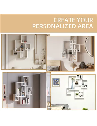 HOMCOM Floating Shelves, Wall Mounted Interlocking Cube Shelves, Display Wall Shelf for Living Room, Bedroom, Hallways, White