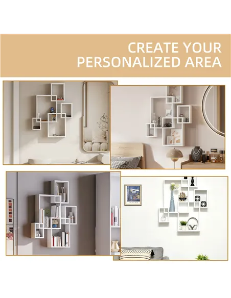HOMCOM Floating Shelves, Wall Mounted Interlocking Cube Shelves, Display Wall Shelf for Living Room, Bedroom, Hallways, White