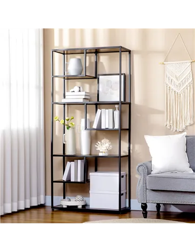 HOMCOM Industrial Bookcase Shelf, 6 Tier Metal Shelving, Storage Shelves for Living Room, Home Office, Bedroom, Rustic Brown