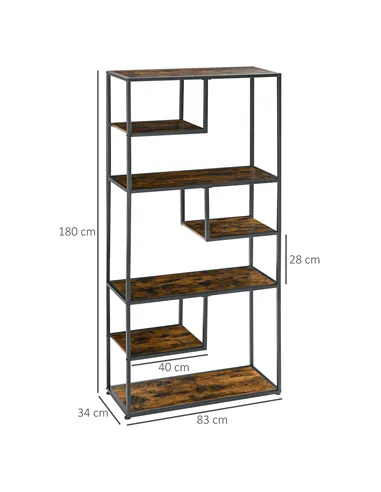 HOMCOM Industrial Bookcase Shelf, 6 Tier Metal Shelving, Storage Shelves for Living Room, Home Office, Bedroom, Rustic Brown