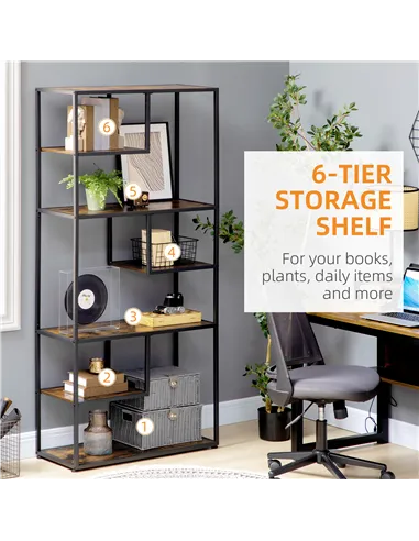 HOMCOM Industrial Bookcase Shelf, 6 Tier Metal Shelving, Storage Shelves for Living Room, Home Office, Bedroom, Rustic Brown