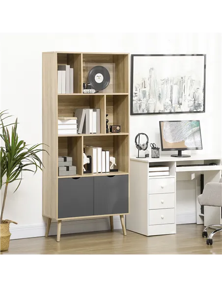 HOMCOM Modern Bookcase with Bottom Cabinet and 6 Open Shelves, Freestanding Bookshelf for Study Living Room Home Office, Natural