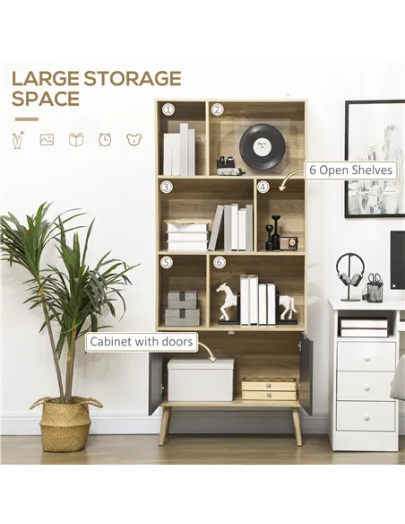HOMCOM Modern Bookcase with Bottom Cabinet and 6 Open Shelves, Freestanding Bookshelf for Study Living Room Home Office, Natural