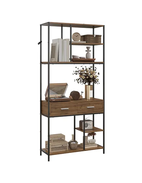 HOMCOM Seven-Shelf Industrial Display Shelf, with Drawers - Brown/Black
