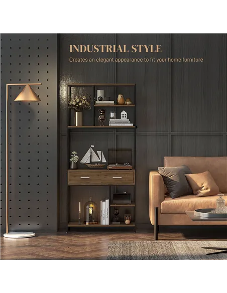 HOMCOM Seven-Shelf Industrial Display Shelf, with Drawers - Brown/Black