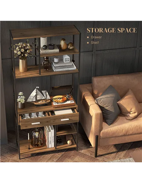 HOMCOM Seven-Shelf Industrial Display Shelf, with Drawers - Brown/Black