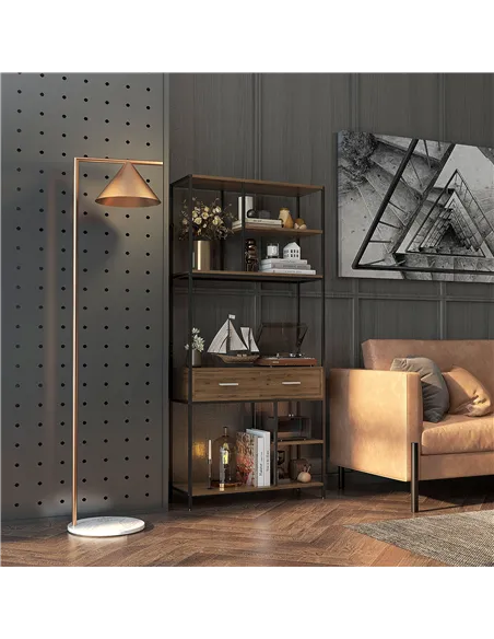 HOMCOM Seven-Shelf Industrial Display Shelf, with Drawers - Brown/Black