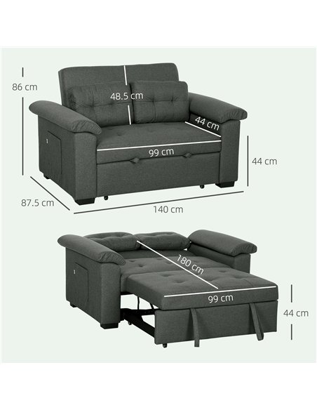 HOMCOM Pull Out Sofa Bed, Fabric 2 Seater Click Clack Sofa Bed Settee with 2 Pocket Springs, Convertible Sofa Couch with Pillows