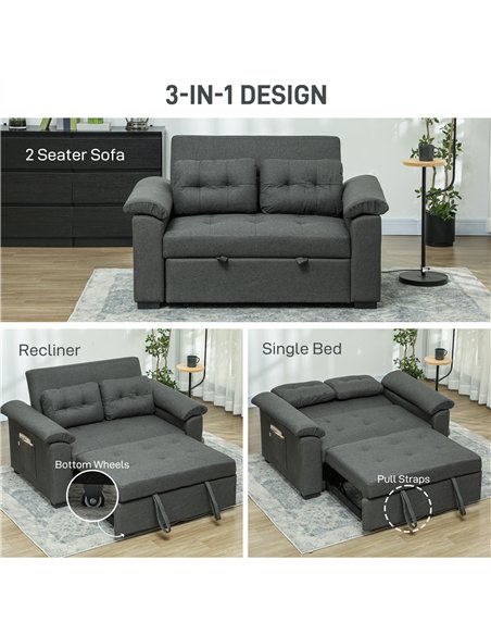 HOMCOM Pull Out Sofa Bed, Fabric 2 Seater Click Clack Sofa Bed Settee with 2 Pocket Springs, Convertible Sofa Couch with Pillows