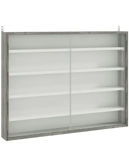 HOMCOM 5-Tier Wall Display Shelf Unit Cabinet w/ 4 Adjustable Shelves Glass Doors Home Office Ornaments 60x80cm Grey Wood Grain