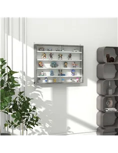 HOMCOM 5-Tier Wall Display Shelf Unit Cabinet w/ 4 Adjustable Shelves Glass Doors Home Office Ornaments 60x80cm Grey Wood Grain 2