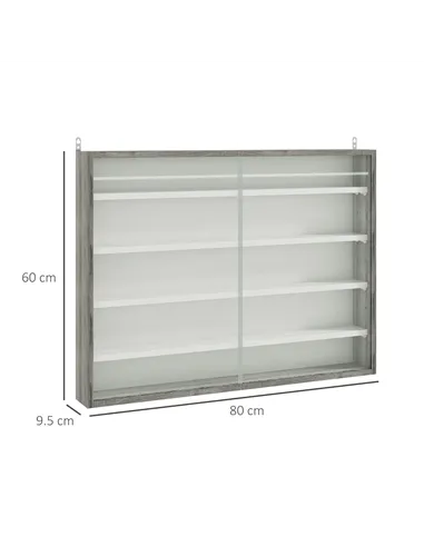 HOMCOM 5-Tier Wall Display Shelf Unit Cabinet w/ 4 Adjustable Shelves Glass Doors Home Office Ornaments 60x80cm Grey Wood Grain