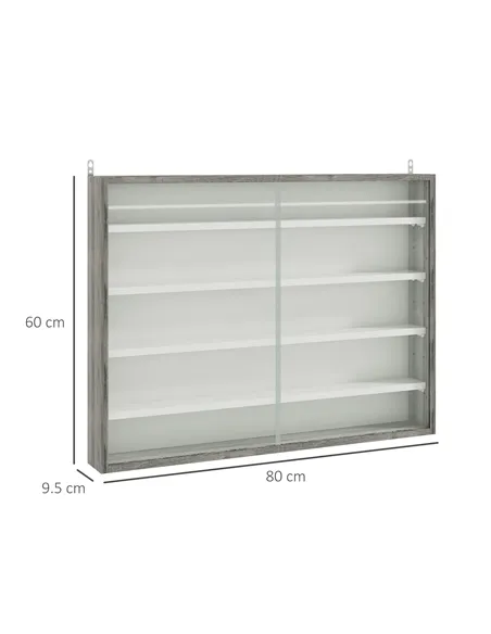 HOMCOM 5-Tier Wall Display Shelf Unit Cabinet w/ 4 Adjustable Shelves Glass Doors Home Office Ornaments 60x80cm Grey Wood Grain