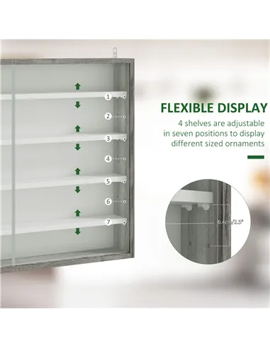 HOMCOM 5-Tier Wall Display Shelf Unit Cabinet w/ 4 Adjustable Shelves Glass Doors Home Office Ornaments 60x80cm Grey Wood Grain