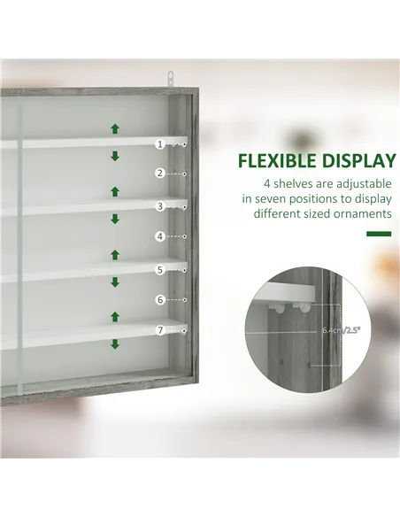 HOMCOM 5-Tier Wall Display Shelf Unit Cabinet w/ 4 Adjustable Shelves Glass Doors Home Office Ornaments 60x80cm Grey Wood Grain