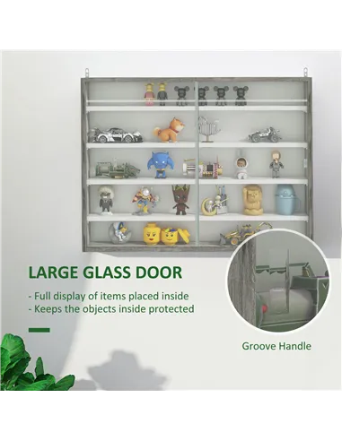 HOMCOM 5-Tier Wall Display Shelf Unit Cabinet w/ 4 Adjustable Shelves Glass Doors Home Office Ornaments 60x80cm Grey Wood Grain