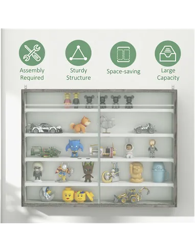 HOMCOM 5-Tier Wall Display Shelf Unit Cabinet w/ 4 Adjustable Shelves Glass Doors Home Office Ornaments 60x80cm Grey Wood Grain