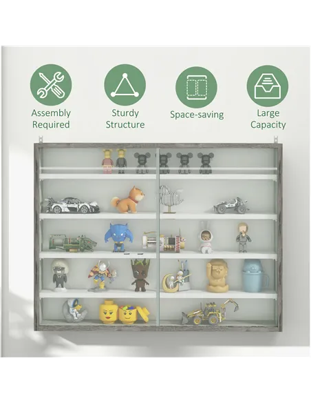 HOMCOM 5-Tier Wall Display Shelf Unit Cabinet w/ 4 Adjustable Shelves Glass Doors Home Office Ornaments 60x80cm Grey Wood Grain