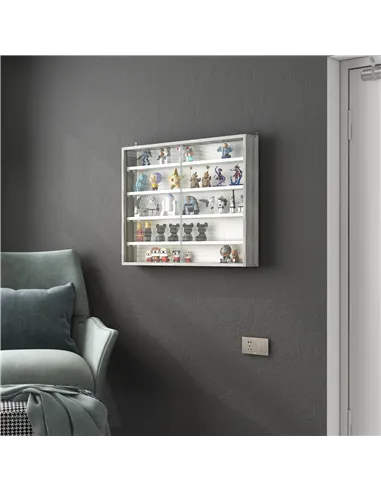 HOMCOM 5-Tier Wall Display Shelf Unit Cabinet w/ 4 Adjustable Shelves Glass Doors Home Office Ornaments 60x80cm Grey Wood Grain