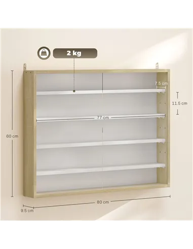 HOMCOM 5-Tier Wall Display Shelf Unit Cabinet w/ 4 Adjustable Shelves Glass Doors Home Office Ornaments 60x80cm Natural