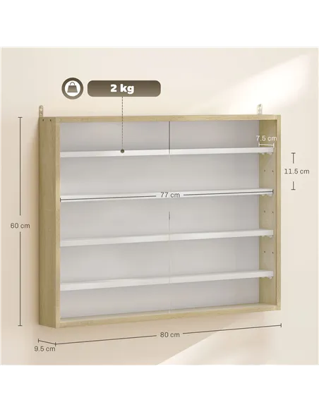 HOMCOM 5-Tier Wall Display Shelf Unit Cabinet w/ 4 Adjustable Shelves Glass Doors Home Office Ornaments 60x80cm Natural