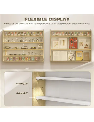 HOMCOM 5-Tier Wall Display Shelf Unit Cabinet w/ 4 Adjustable Shelves Glass Doors Home Office Ornaments 60x80cm Natural