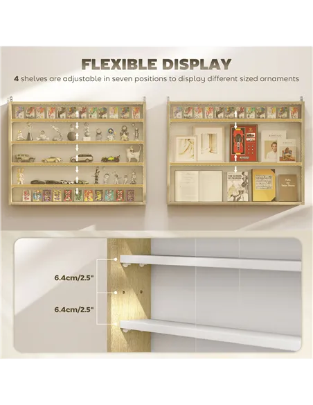 HOMCOM 5-Tier Wall Display Shelf Unit Cabinet w/ 4 Adjustable Shelves Glass Doors Home Office Ornaments 60x80cm Natural