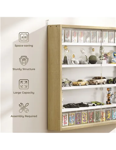 HOMCOM 5-Tier Wall Display Shelf Unit Cabinet w/ 4 Adjustable Shelves Glass Doors Home Office Ornaments 60x80cm Natural