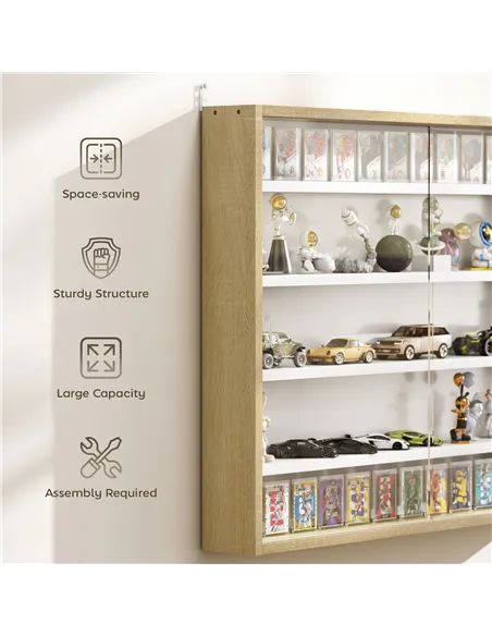 HOMCOM 5-Tier Wall Display Shelf Unit Cabinet w/ 4 Adjustable Shelves Glass Doors Home Office Ornaments 60x80cm Natural