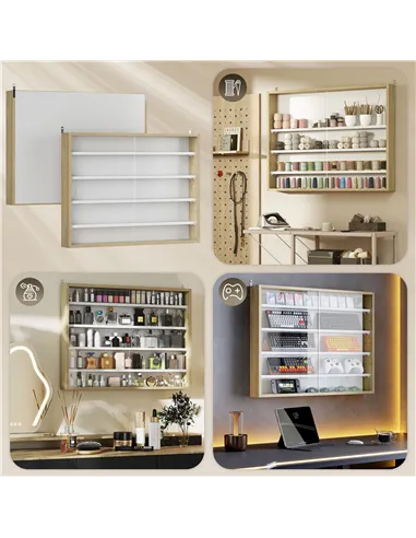 HOMCOM 5-Tier Wall Display Shelf Unit Cabinet w/ 4 Adjustable Shelves Glass Doors Home Office Ornaments 60x80cm Natural