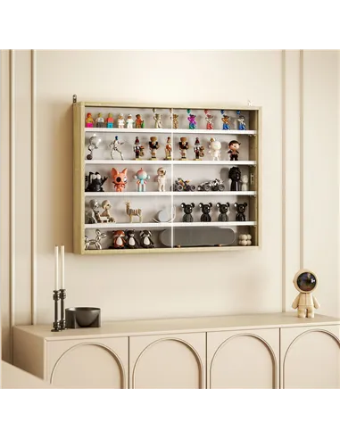 HOMCOM 5-Tier Wall Display Shelf Unit Cabinet w/ 4 Adjustable Shelves Glass Doors Home Office Ornaments 60x80cm Natural