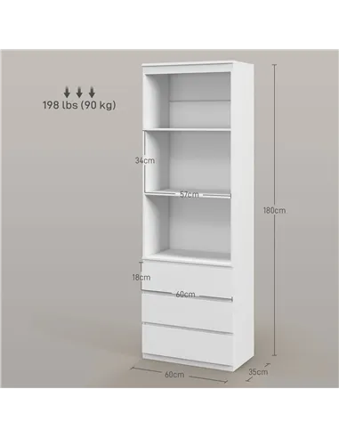 HOMCOM 180cm Tall Bookcase, with Shelves and Drawers - White