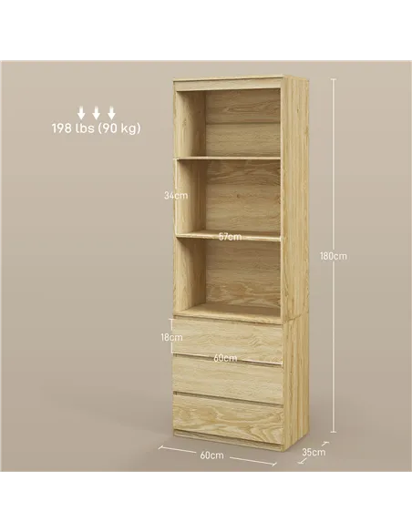 HOMCOM 180cm Tall Bookcase, with Shelves and Drawers - Wood Effect