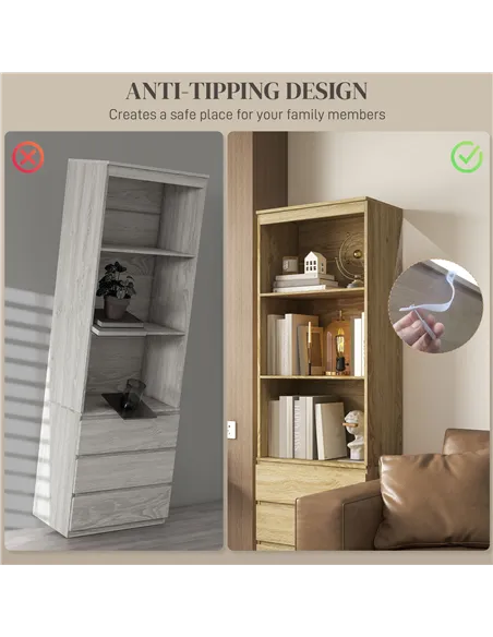 HOMCOM 180cm Tall Bookcase, with Shelves and Drawers - Wood Effect