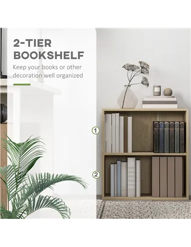 HOMCOM 2 Tier Bookshelf, Low Bookcase with Adjustable Shelf, 2 Compartments for Home Office, Living Room, Study, Natural