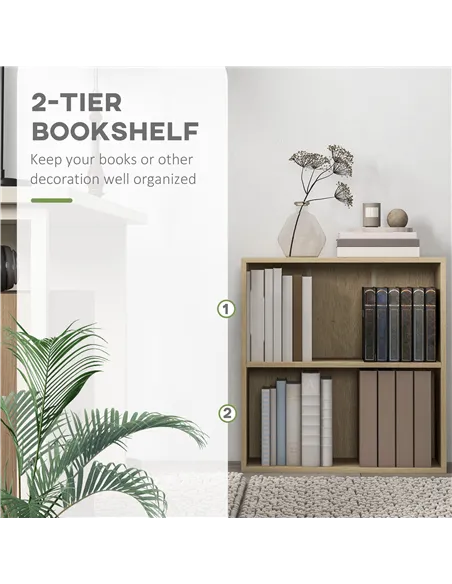HOMCOM 2 Tier Bookshelf, Low Bookcase with Adjustable Shelf, 2 Compartments for Home Office, Living Room, Study, Natural