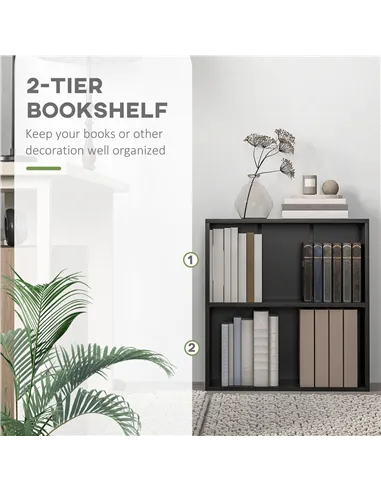 HOMCOM 2 Tier Bookshelf, Low Bookcase with Adjustable Shelf, 2 Compartments for Home Office, Living Room, Study, Black