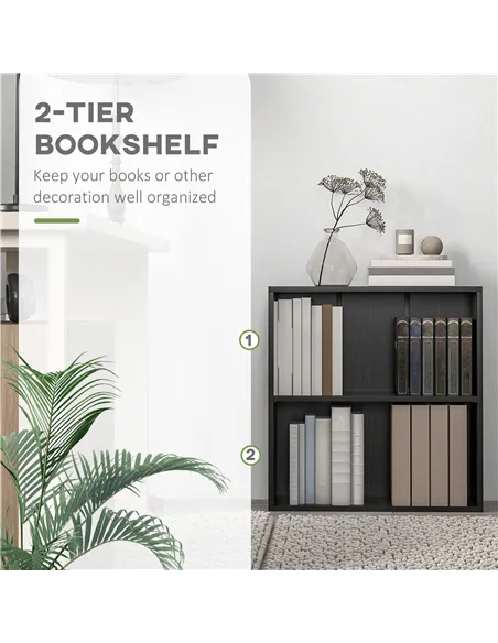 HOMCOM 2 Tier Bookshelf, Low Bookcase with Adjustable Shelf, 2 Compartments for Home Office, Living Room, Study, Black