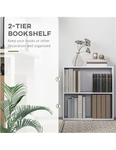 HOMCOM 2 Tier Bookshelf, Low Bookcase with Adjustable Shelf, 2 Compartments for Home Office, Living Room, Study, White