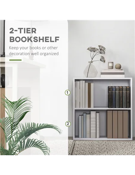 HOMCOM 2 Tier Bookshelf, Low Bookcase with Adjustable Shelf, 2 Compartments for Home Office, Living Room, Study, White