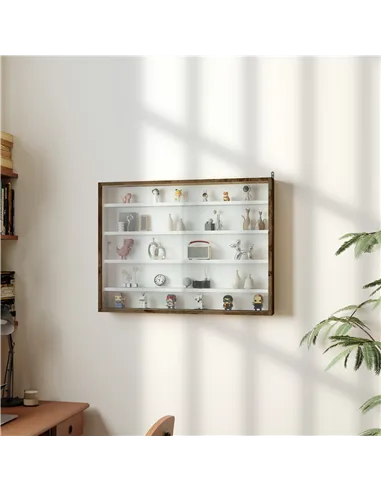 HOMCOM 5-Tier Wall Display Shelf Unit Cabinet w/ 4 Adjustable Shelves Glass Doors Home Office Ornaments 60x80cm Rustic brown